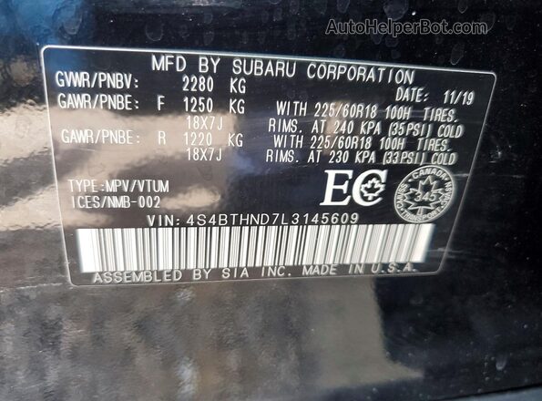 4S4BTHND7L3145609 2020 SUBARU OUTBACK Black Vista interior de 360 grados