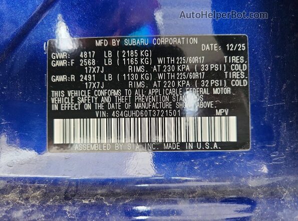 4S4GUHD60T3721501 2026 SUBARU CROSSTREK Blue Vista del compartimento del motor