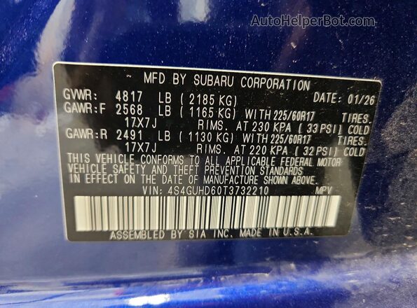 4S4GUHD60T3732210 2026 SUBARU CROSSTREK Blue Vista de la etiqueta del VIN