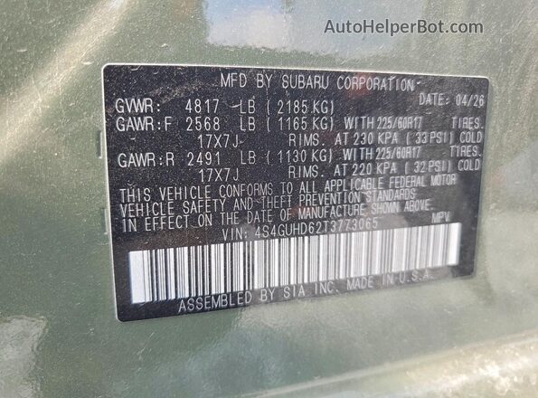 4S4GUHD62T3773065 2026 SUBARU CROSSTREK Green Вид наклейки з VIN-кодом