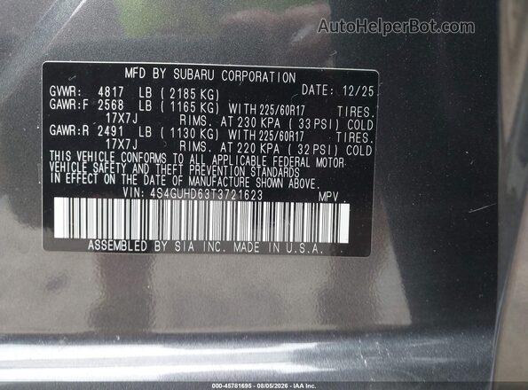 4S4GUHD63T3721623 2026 SUBARU CROSSTREK Gray Vista del compartimento del motor