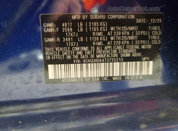 4S4GUHD64T3725213 2026 SUBARU CROSSTREK Blue VIN կոդի պիտակի տեսք