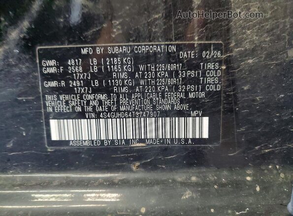 4S4GUHD64T3747907 2026 SUBARU CROSSTREK Черный Вид наклейки с VIN-кодом