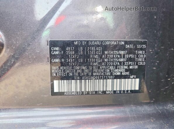 4S4GUHD66T3717887 2026 SUBARU CROSSTREK Gray VIN კოდის სტიკერის ხედი