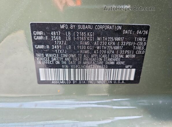4S4GUHD66T3768970 2026 SUBARU CROSSTREK Green Widok komory silnika