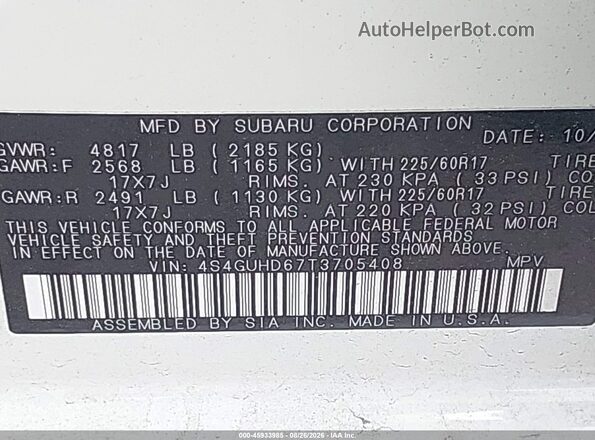 4S4GUHD67T3705408 2026 SUBARU CROSSTREK White Widok komory silnika