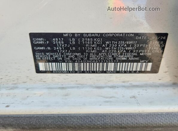 4S4GUHD69T3755517 2026 SUBARU CROSSTREK Белый Вид наклейки с VIN-кодом