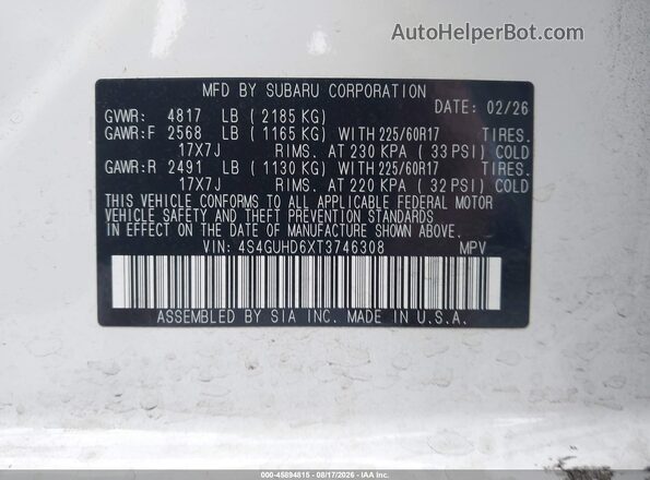 4S4GUHD6XT3746308 2026 SUBARU CROSSTREK White Вид підкапотного простору
