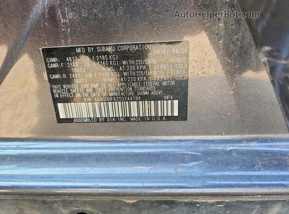 4S4GUHF62S3744788 2025 SUBARU CROSSTREK Серый Вид наклейки с VIN-кодом