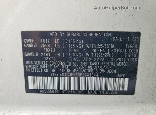 4S4GUHF63R3741344 2024 SUBARU CROSSTREK White VIN კოდის სტიკერის ხედი