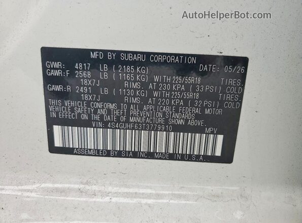4S4GUHF63T3779910 2026 SUBARU CROSSTREK White Vista del compartimento del motor