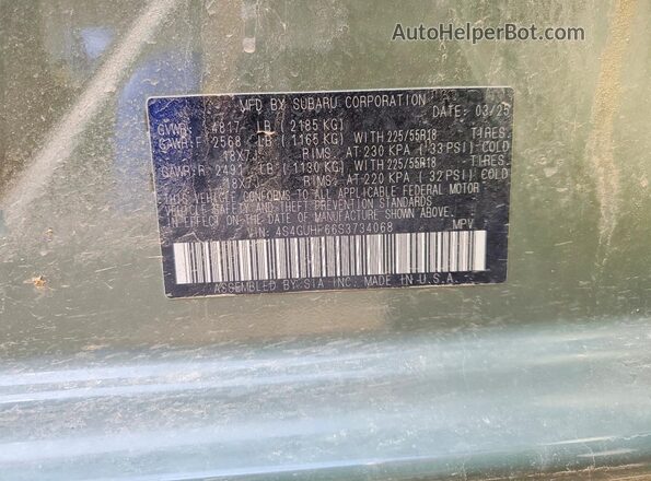 4S4GUHF66S3734068 2025 SUBARU CROSSTREK Green VIN sticker view