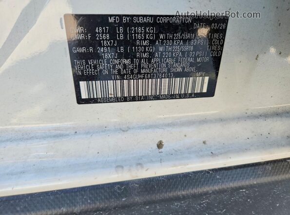 4S4GUHF68T3764013 2026 SUBARU CROSSTREK White Widok naklejki z numerem VIN