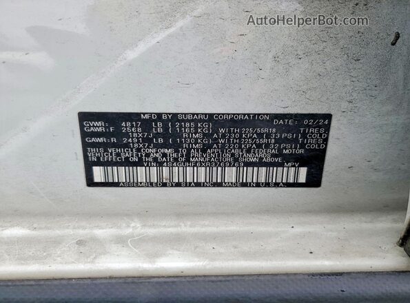 4S4GUHF6XR3769769 2024 SUBARU CROSSTREK White VIN კოდის სტიკერის ხედი