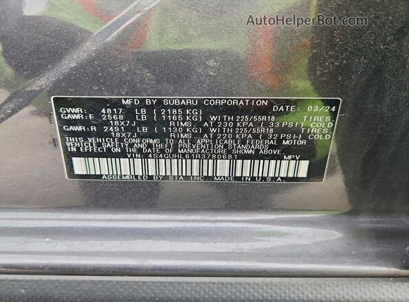 4S4GUHL61R3780681 2024 SUBARU CROSSTREK Charcoal Vista de la etiqueta del VIN