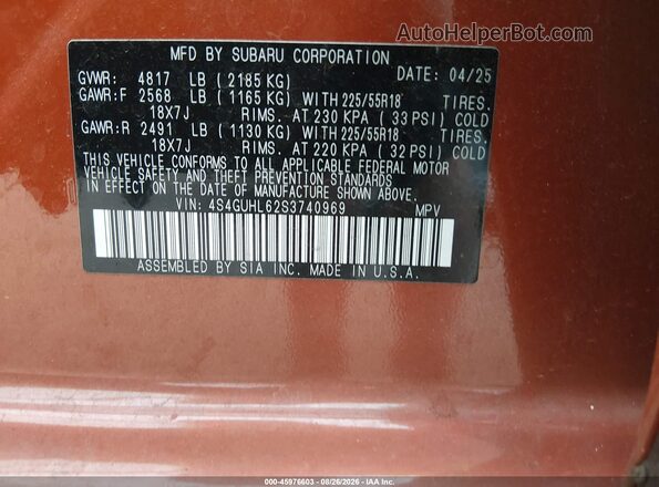 4S4GUHL62S3740969 2025 SUBARU CROSSTREK Orange ძრავის განყოფილების ხედი