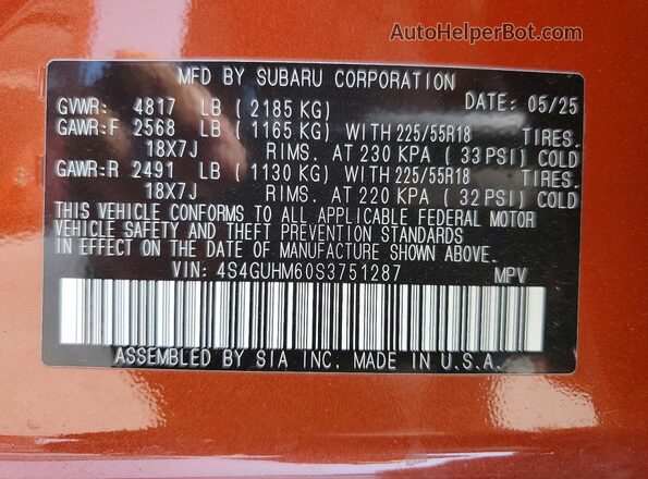 4S4GUHM60S3751287 2025 SUBARU CROSSTREK Orange VIN կոդի պիտակի տեսք
