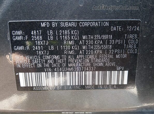 4S4GUHM62S3714337 2025 SUBARU CROSSTREK Gray ძრავის განყოფილების ხედი