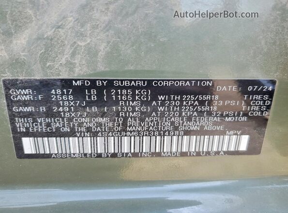 4S4GUHM63R3814988 2024 SUBARU CROSSTREK Green Widok naklejki z numerem VIN