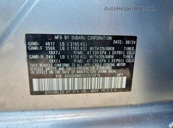 4S4GUHM63R3823416 2024 SUBARU CROSSTREK Blue Widok naklejki z numerem VIN