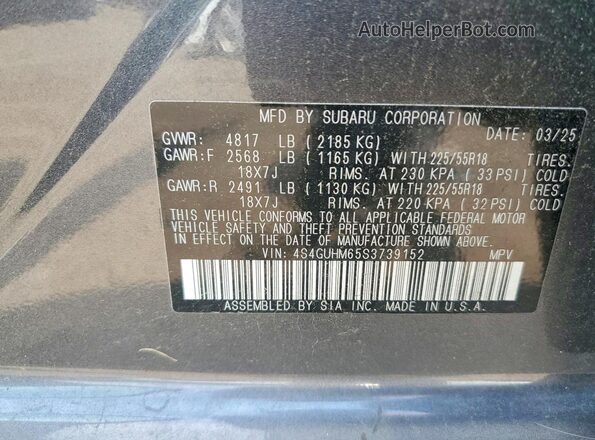 4S4GUHM65S3739152 2025 SUBARU CROSSTREK Gray VIN կոդի պիտակի տեսք