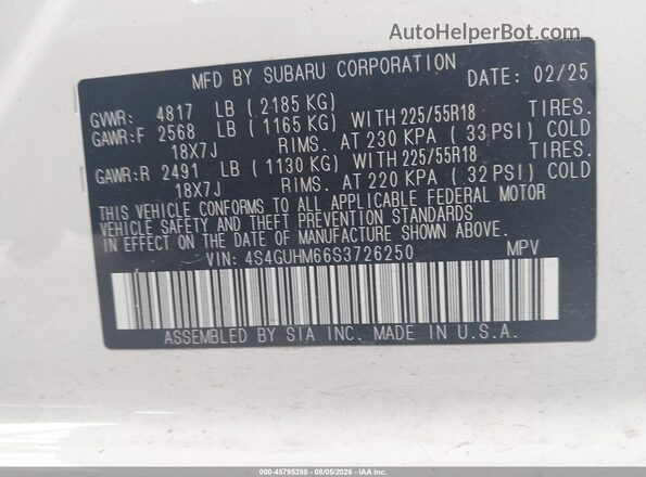 4S4GUHM66S3726250 2025 SUBARU CROSSTREK White Շարժիչի բաժամունքի տեսք