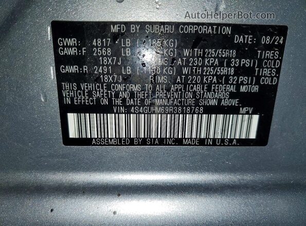 4S4GUHM69R3818768 2024 SUBARU CROSSTREK Silver Widok naklejki z numerem VIN