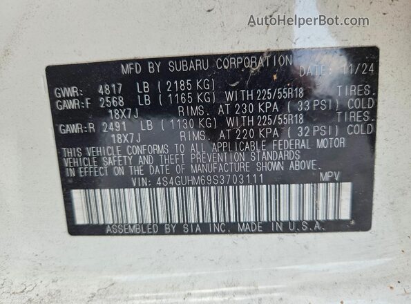 4S4GUHM69S3703111 2025 SUBARU CROSSTREK Белый Панорамный вид салона 360°