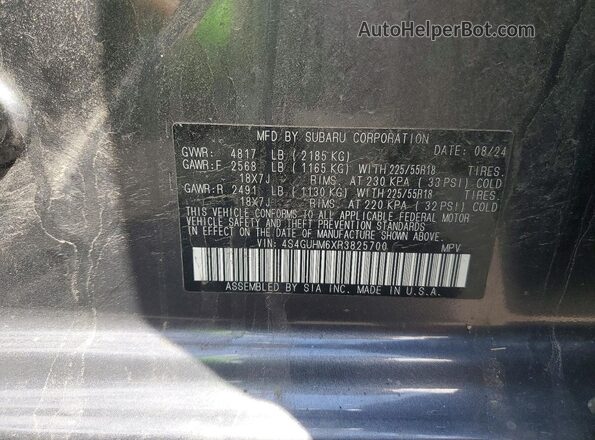 4S4GUHM6XR3825700 2024 SUBARU CROSSTREK Gray VIN sticker view