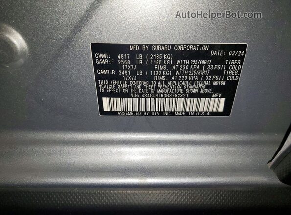 4S4GUHT63R3782321 2024 SUBARU CROSSTREK Silver VIN sticker view