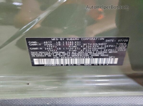 4S4GUHT6XS3767479 2025 SUBARU CROSSTREK Green Вид підкапотного простору