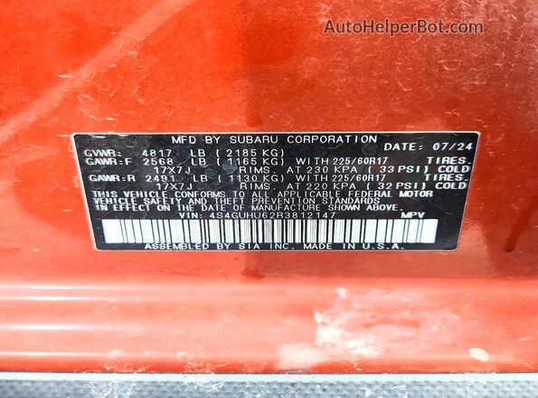 4S4GUHU62R3812147 2024 SUBARU CROSSTREK Orange VIN sticker view