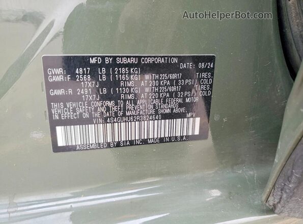 4S4GUHU62R3824640 2024 SUBARU CROSSTREK Green Սալոնի 360 աստիճան տեսք
