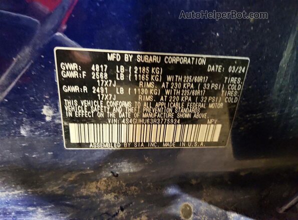 4S4GUHU63R3775934 2024 SUBARU CROSSTREK Blue Vista de la etiqueta del VIN