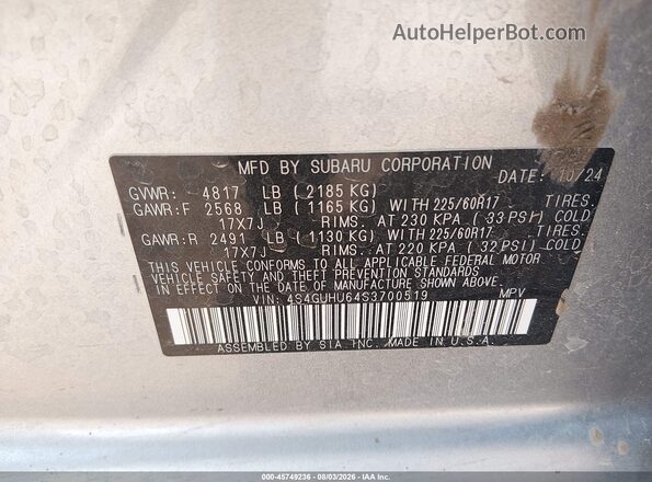 4S4GUHU64S3700519 2025 SUBARU CROSSTREK Silver Widok komory silnika