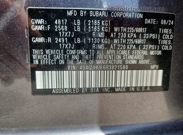 4S4GUHU66R3821580 2024 SUBARU CROSSTREK Gray Widok naklejki z numerem VIN