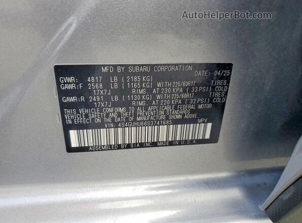 4S4GUHU66S3741685 2025 SUBARU CROSSTREK Silver VIN კოდის სტიკერის ხედი