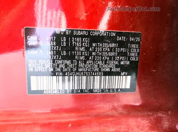 4S4GUHU67S3744689 2025 SUBARU CROSSTREK Red VIN կոդի պիտակի տեսք
