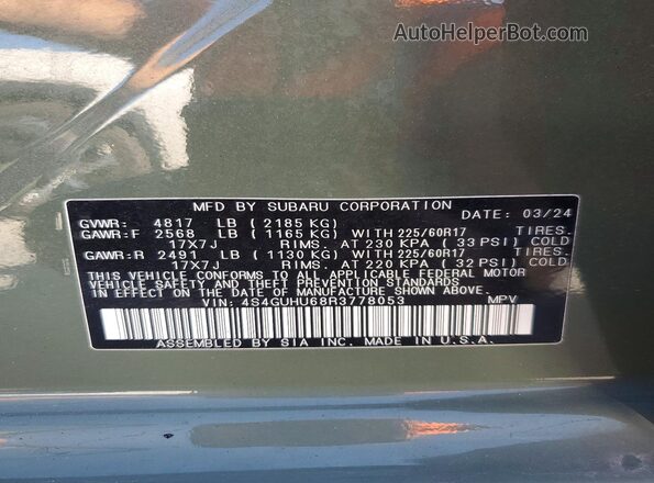 4S4GUHU68R3778053 2024 SUBARU CROSSTREK Green Widok naklejki z numerem VIN