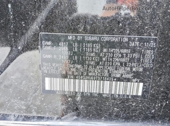 4S4GUHU69T3718435 2026 SUBARU CROSSTREK Черный Вид наклейки с VIN-кодом