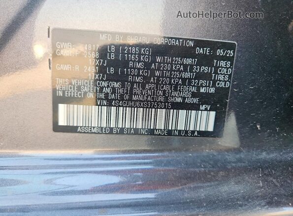 4S4GUHU6XS3753015 2025 SUBARU CROSSTREK Серый Вид подкапотного пространства