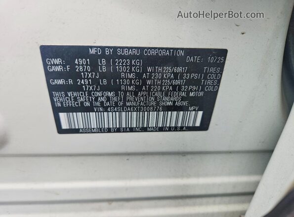 4S4SLDA6XT3008776 2026 SUBARU FORESTER White Vista de la etiqueta del VIN