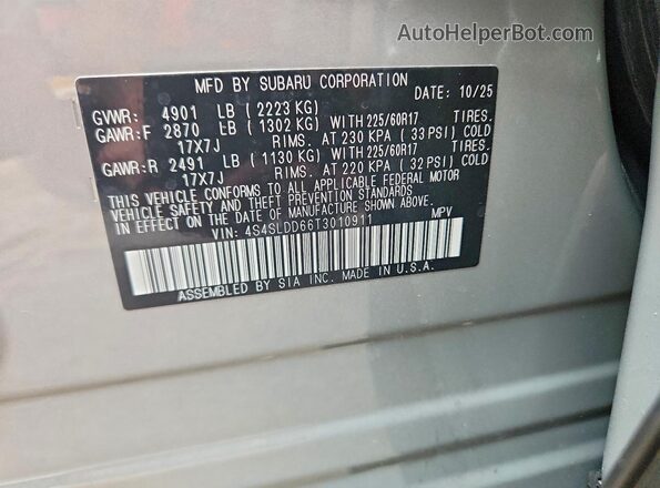 4S4SLDD66T3010911 2026 SUBARU FORESTER Серый Вид наклейки с VIN-кодом
