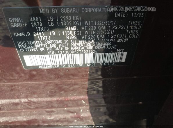 4S4SLDD67T3024526 2026 SUBARU FORESTER Burgundy Շարժիչի բաժամունքի տեսք