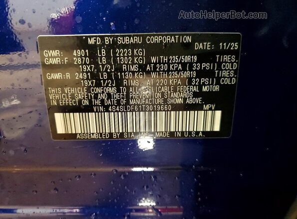 4S4SLDF61T3019660 2026 SUBARU FORESTER Blue Вид наклейки з VIN-кодом
