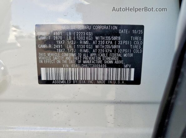 4S4SLDH67T3009406 2026 SUBARU FORESTER White VIN კოდის სტიკერის ხედი