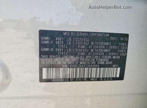 4S4SLDK63T3004969 2026 SUBARU FORESTER White VIN կոդի պիտակի տեսք