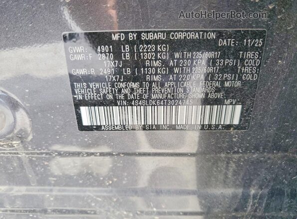 4S4SLDK64T3024745 2026 SUBARU FORESTER Серый Вид наклейки с VIN-кодом