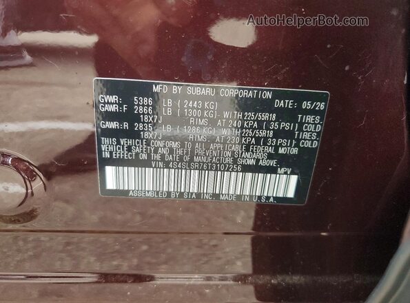 4S4SLSR76T3107256 2026 SUBARU FORESTER Burgundy Widok naklejki z numerem VIN