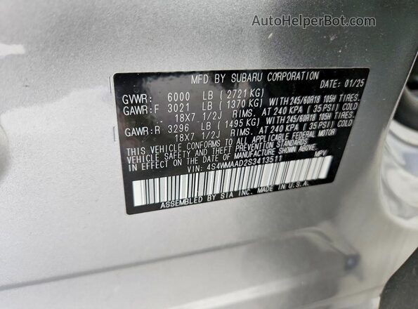 4S4WMAAD2S3413511 2025 SUBARU ASCENT Gray VIN კოდის სტიკერის ხედი
